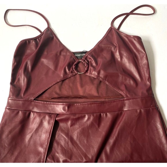 Pretty Little Thing Mini Dress Womens 12 Burgundy Faux Leather Cut Out Bodycon - Picture 3 of 16